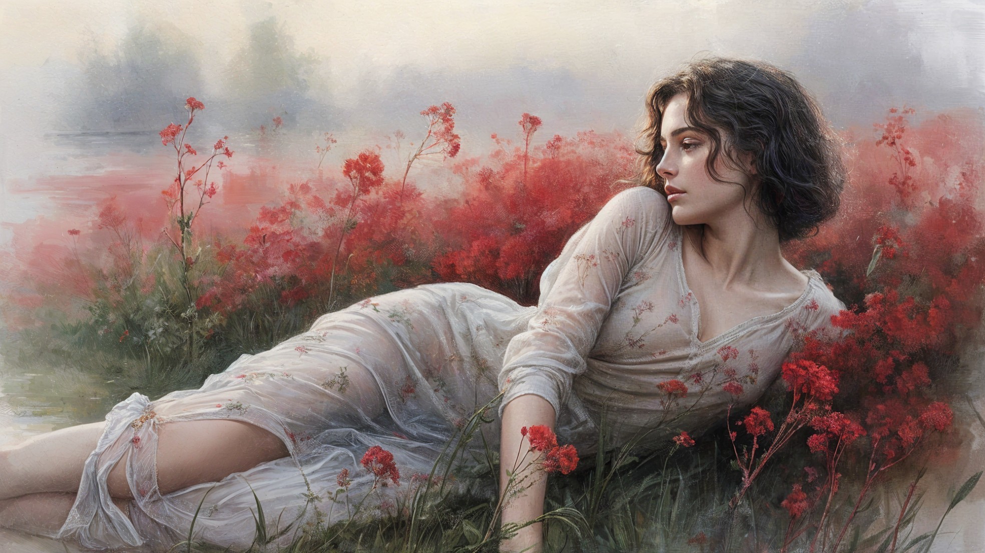 Serene Woman in a Vibrant Red Flower Field