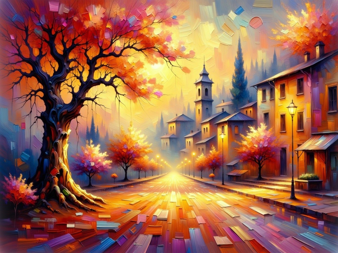 Autumn Landscape with Winding Street and Colorful Trees