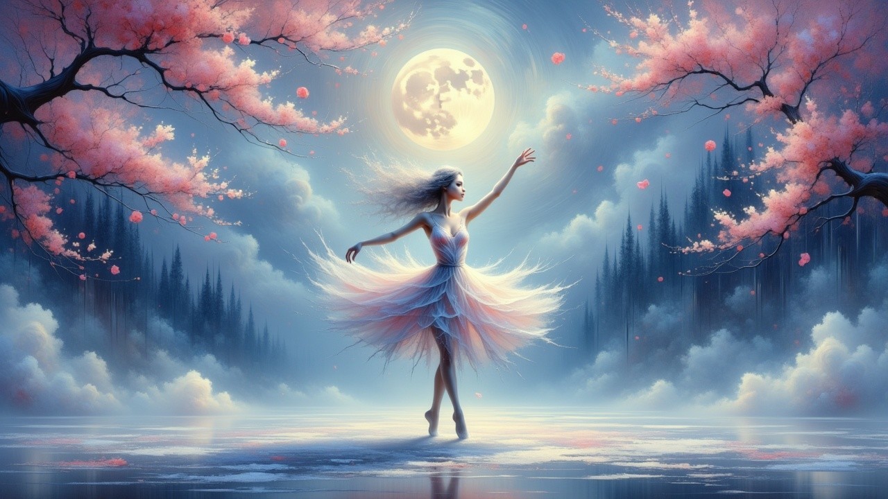 Surreal Dance Scene Under Moonlit Cherry Blossoms
