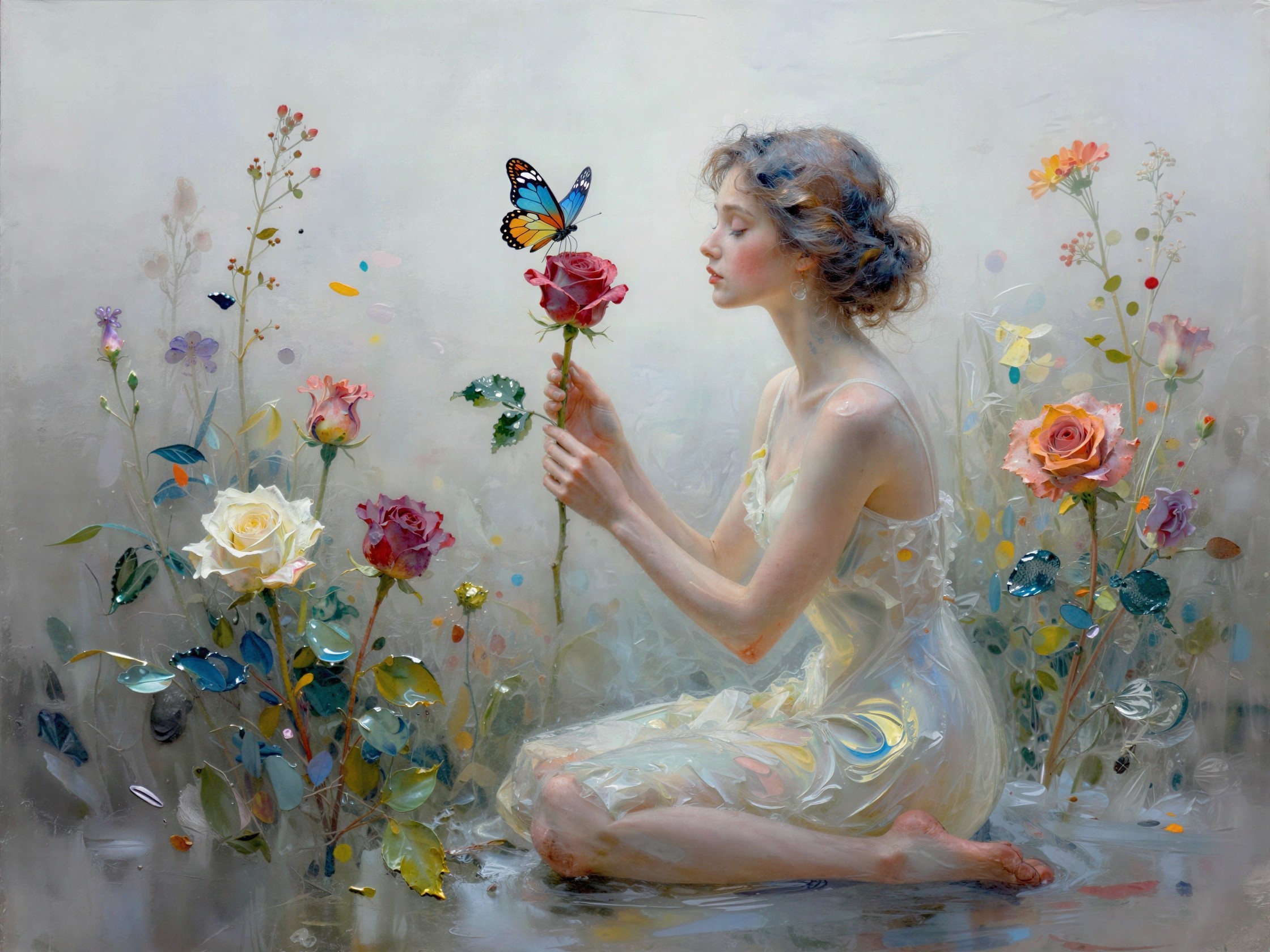 Impressionistic Painting of a Woman in a Rose Garden