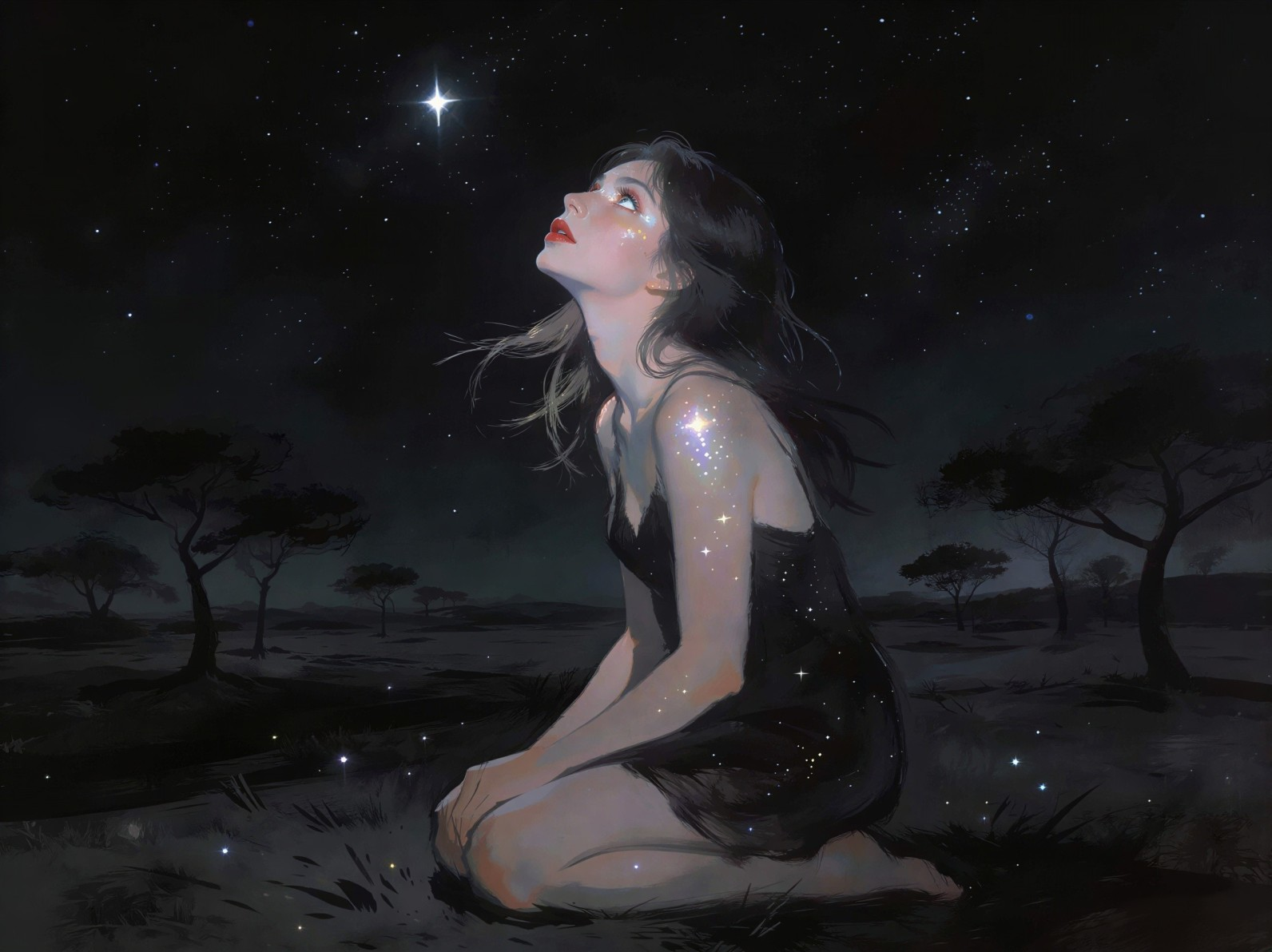 Digital Painting of Woman Gazing at Starry Sky