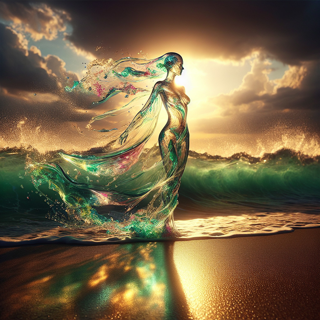 Translucent figure by the ocean at sunset