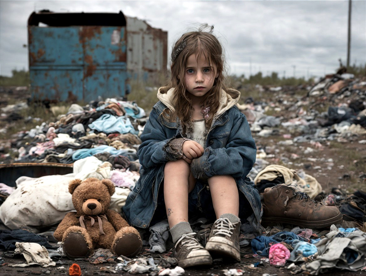 Young girl with teddy bear amidst discarded clothing