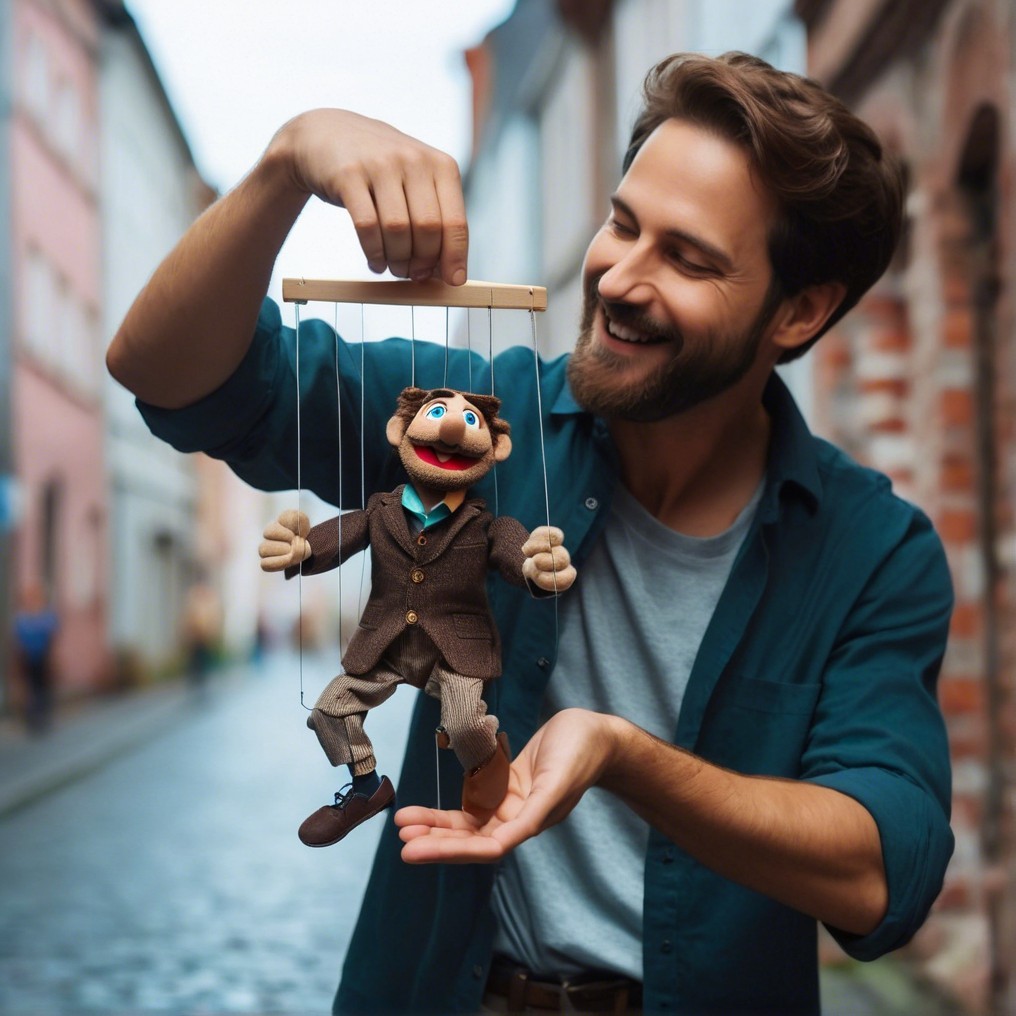 Cheerful Man with Marionette on Cobblestone Street