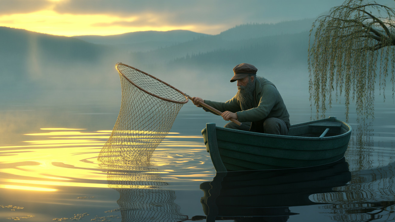 Fisherman Casting Net at Sunrise on Calm Lake