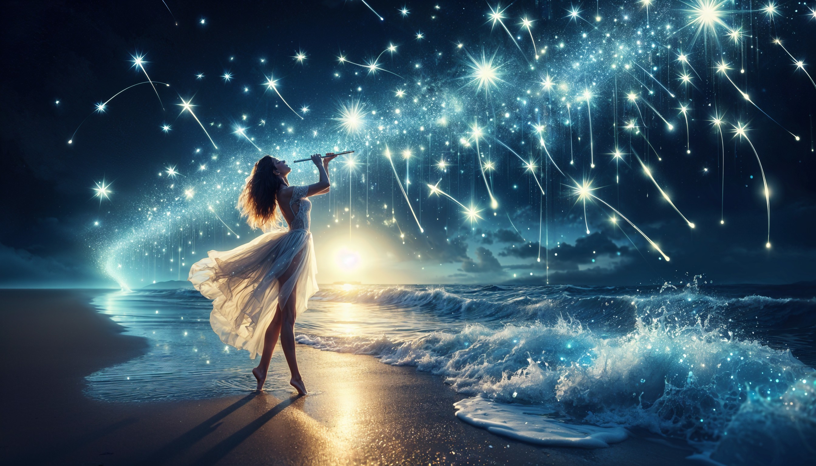 Graceful Figure Playing Flute on Moonlit Beach