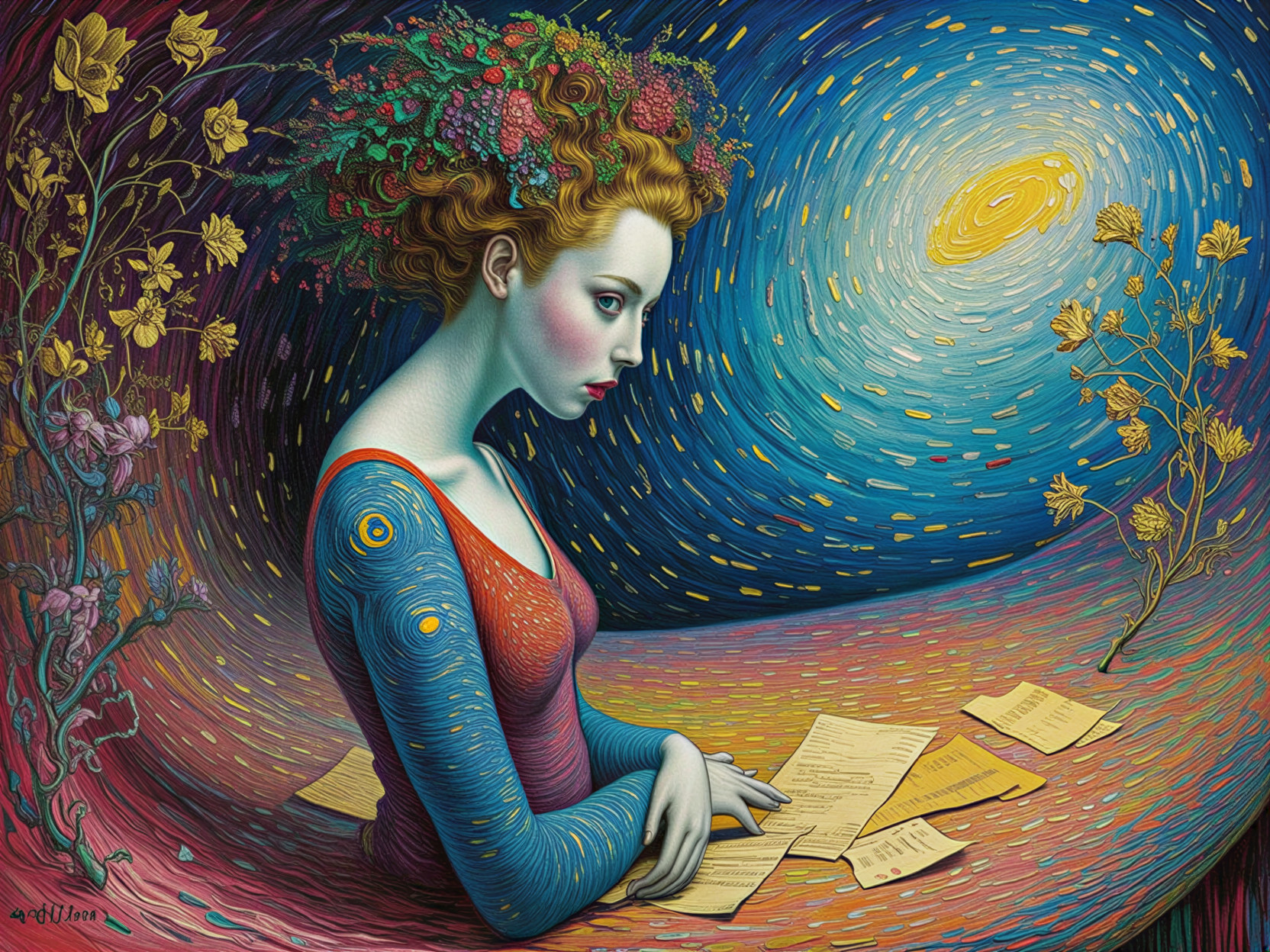 Contemplative Figure in Dreamlike Floral Landscape