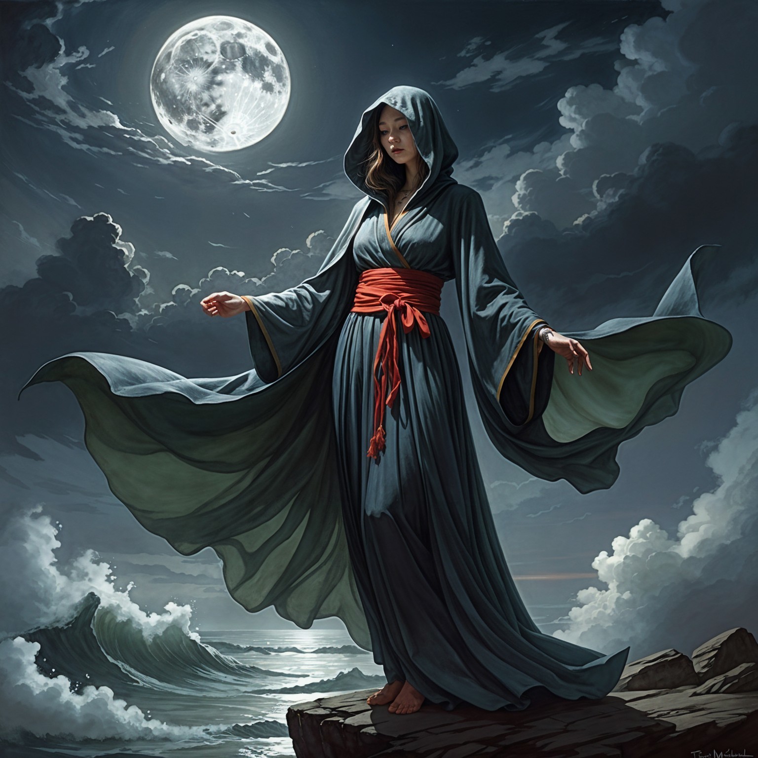 Mysterious Figure on Cliff Under Full Moonlight