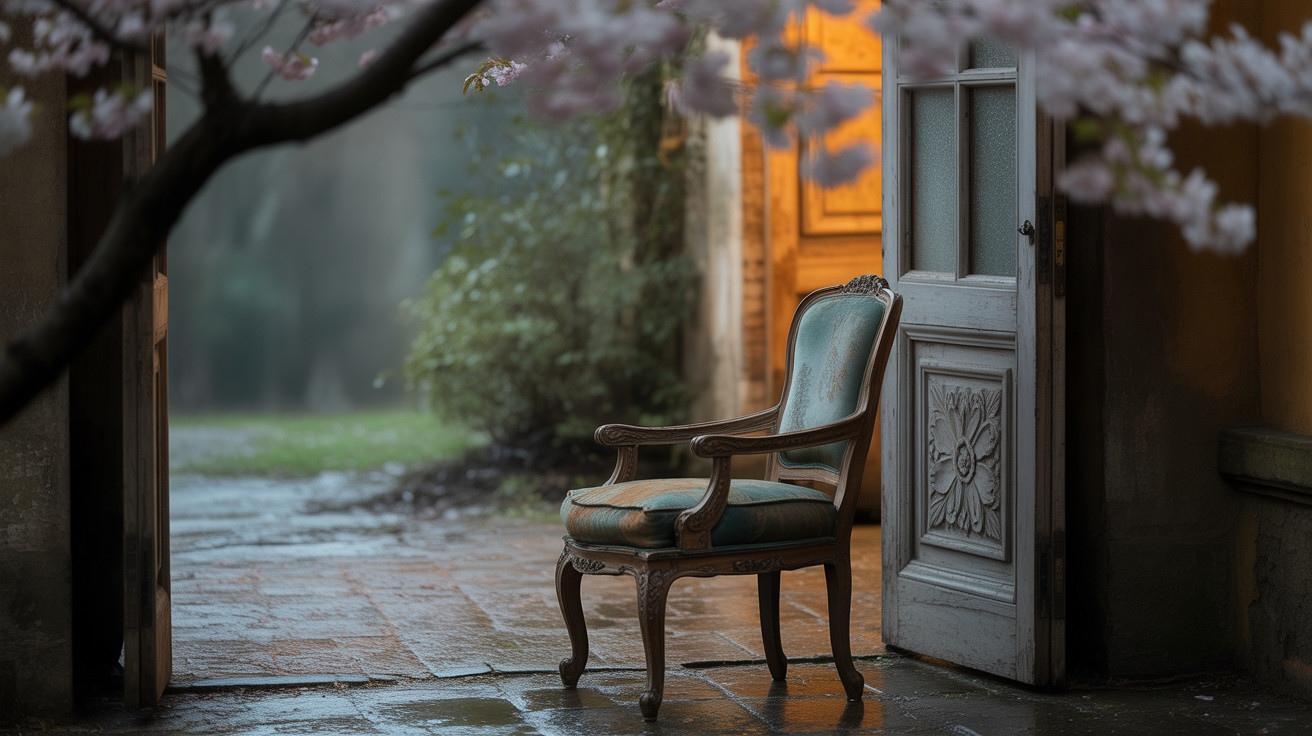 Vintage Upholstered Chair by Open Door with Blossoms