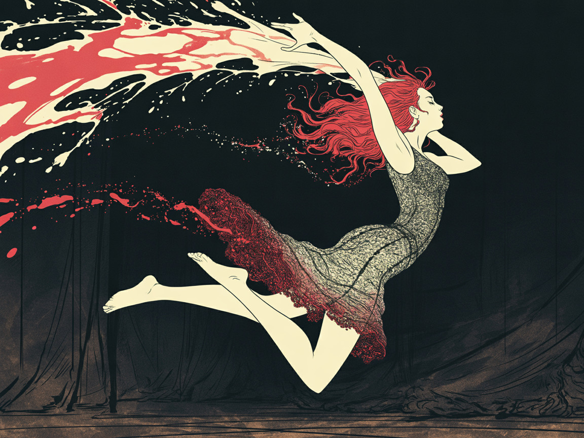 Graceful figure in lace dress with red hair in motion