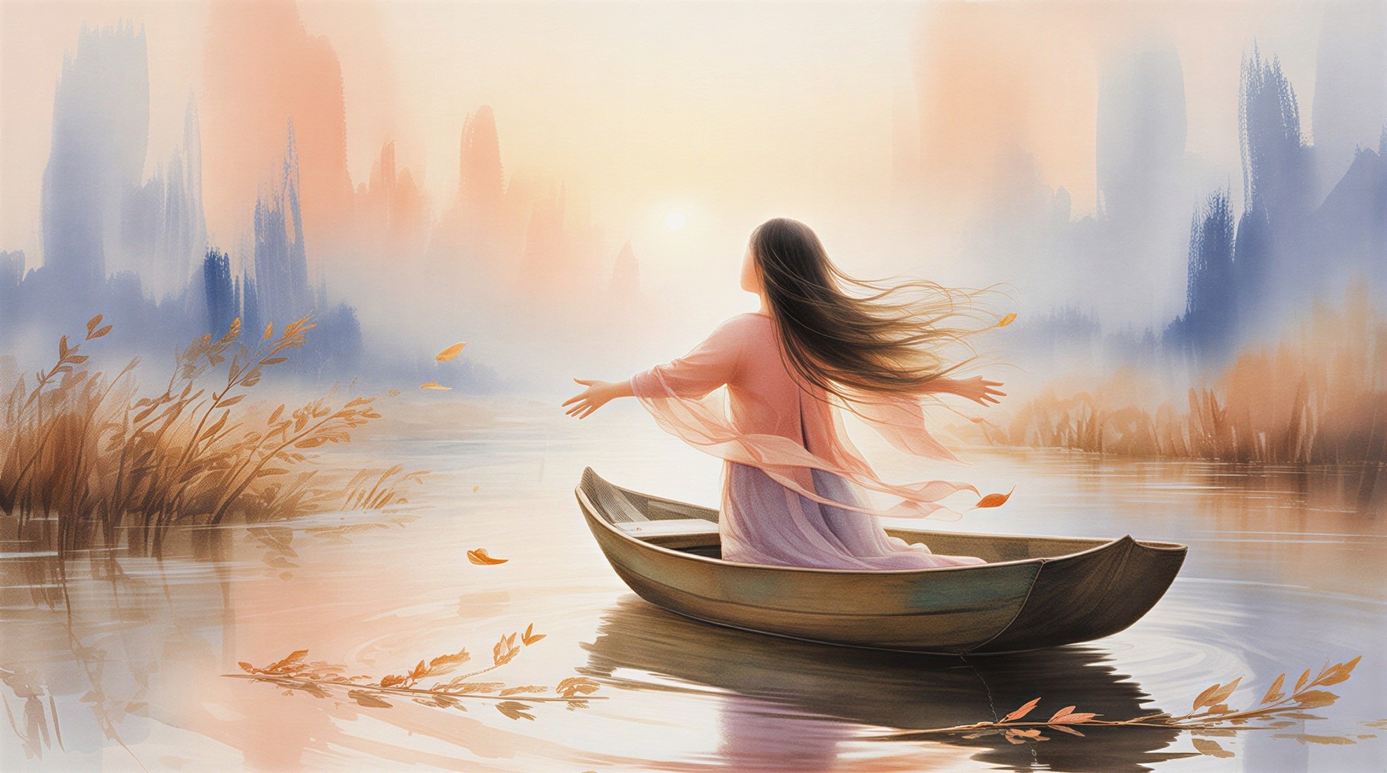 Young Woman in Boat on Tranquil Lake at Sunrise