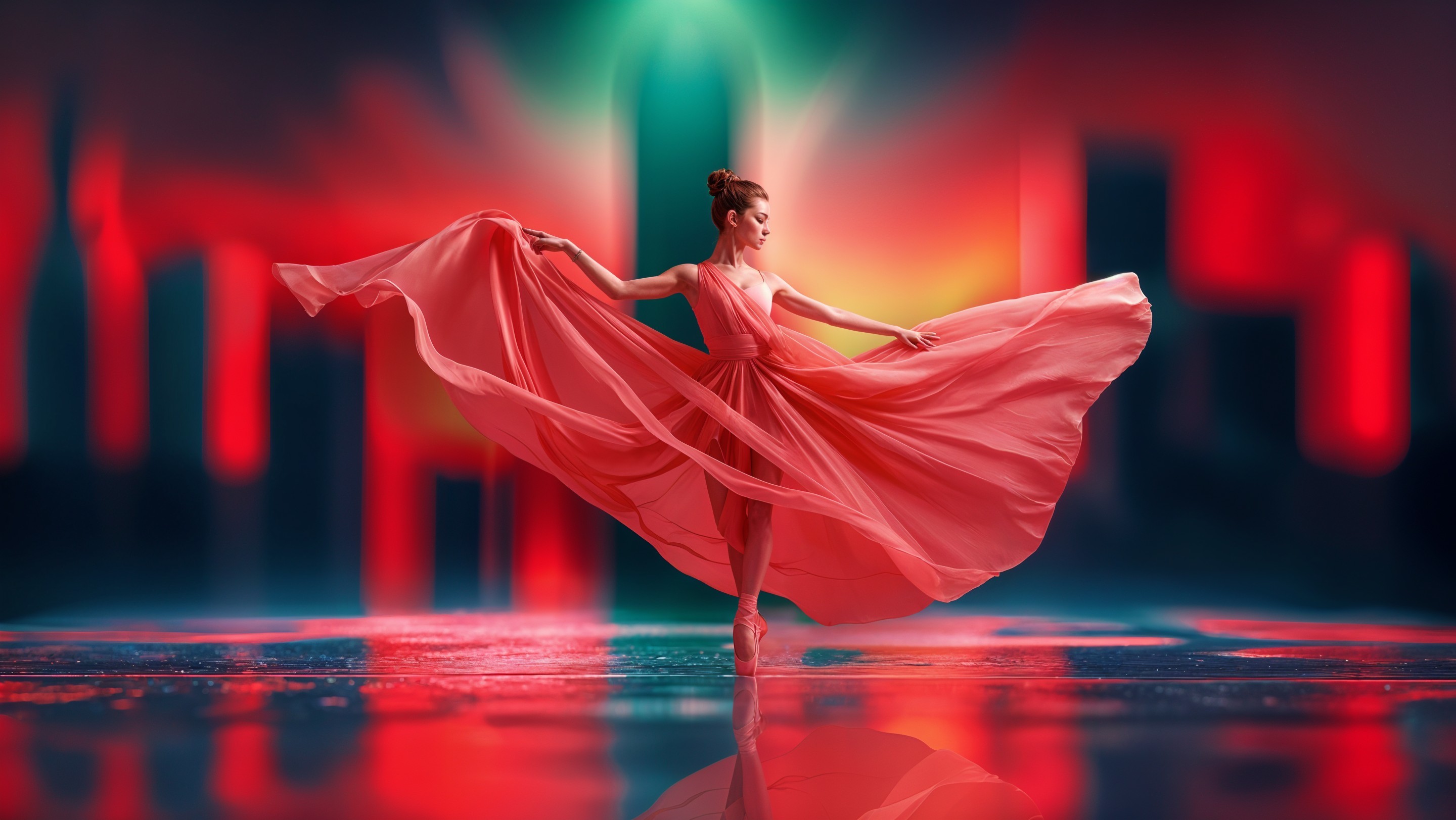 Ballet Dancer in Pink Gown Against City Lights
