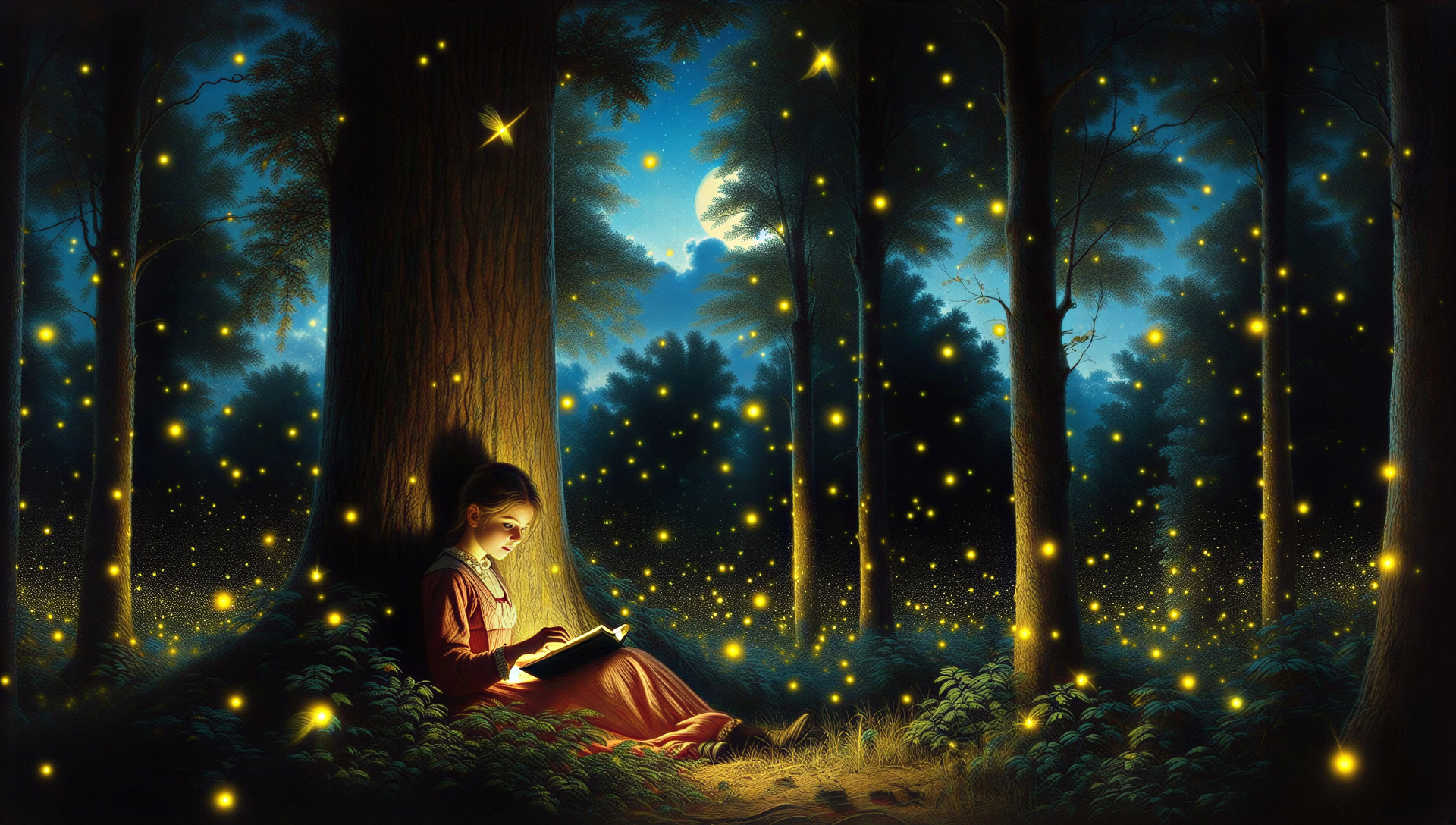 Young girl reading by a tree in a serene forest