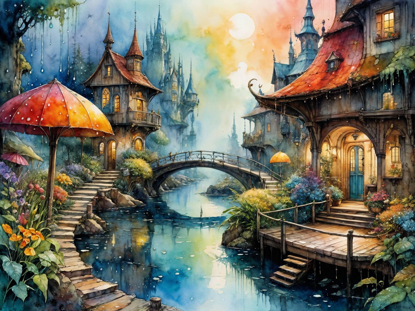 Whimsical Village Scene with Colorful Cottages and River
