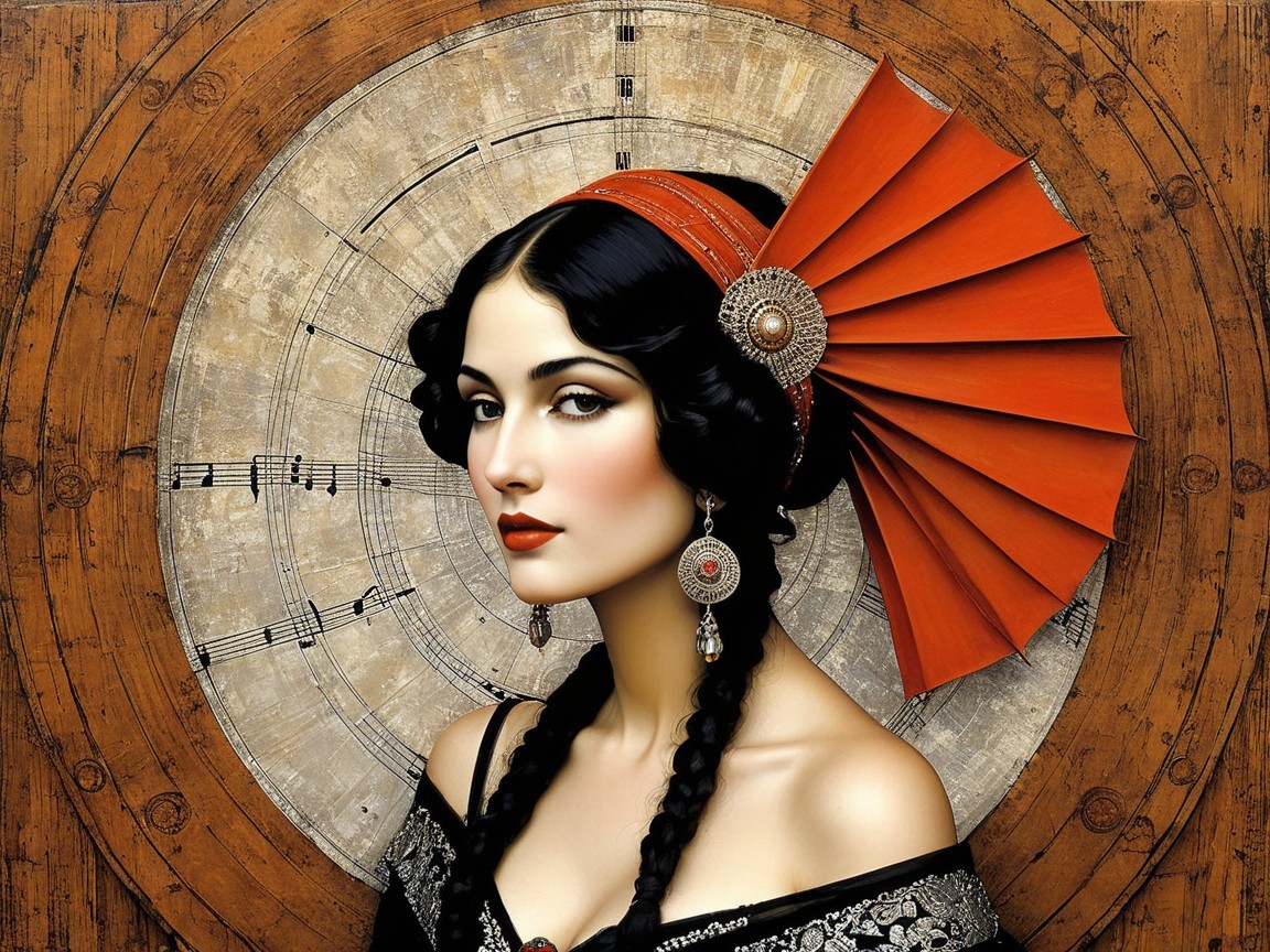 Striking Woman with Braids and Red Fan Headpiece