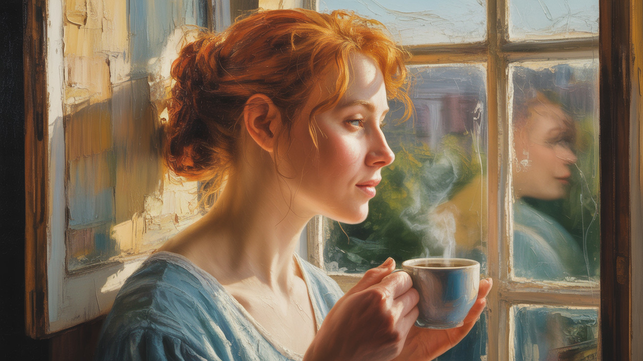 Red-haired woman with coffee by sunlit window