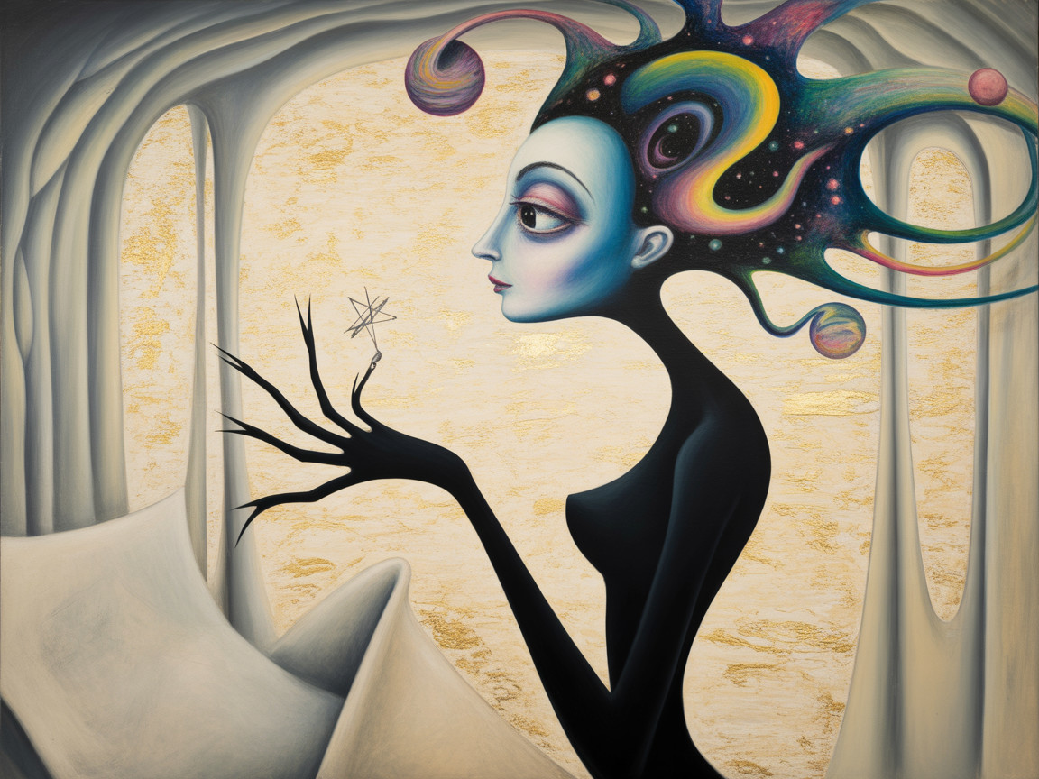 Surreal Figure with Vibrant Hair in Abstract Landscape