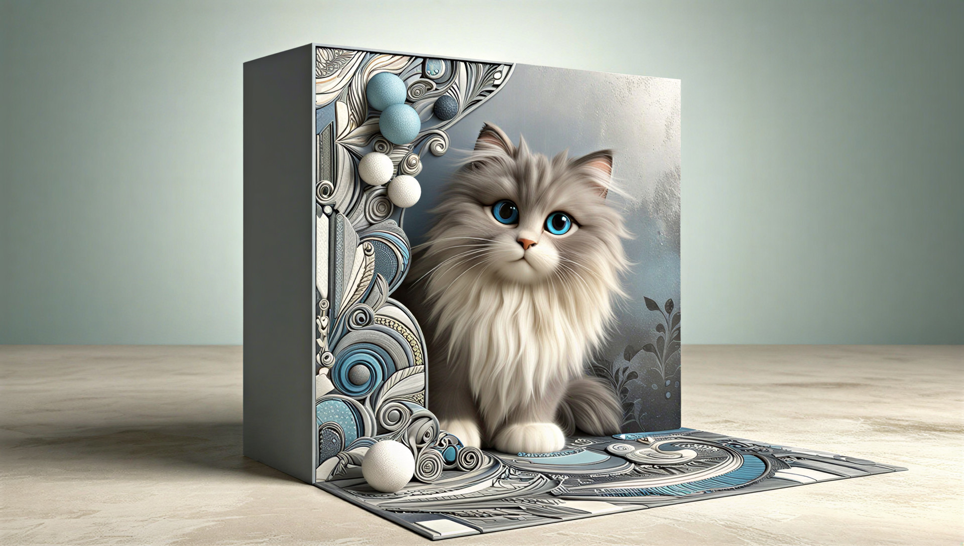 Whimsical Illustration of a Blue-Eyed Cat in Box