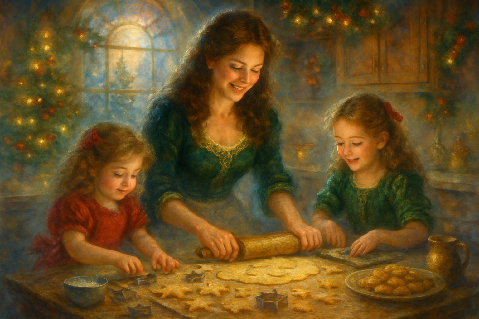 Cozy Kitchen Scene of Mother and Daughters Baking Cookies