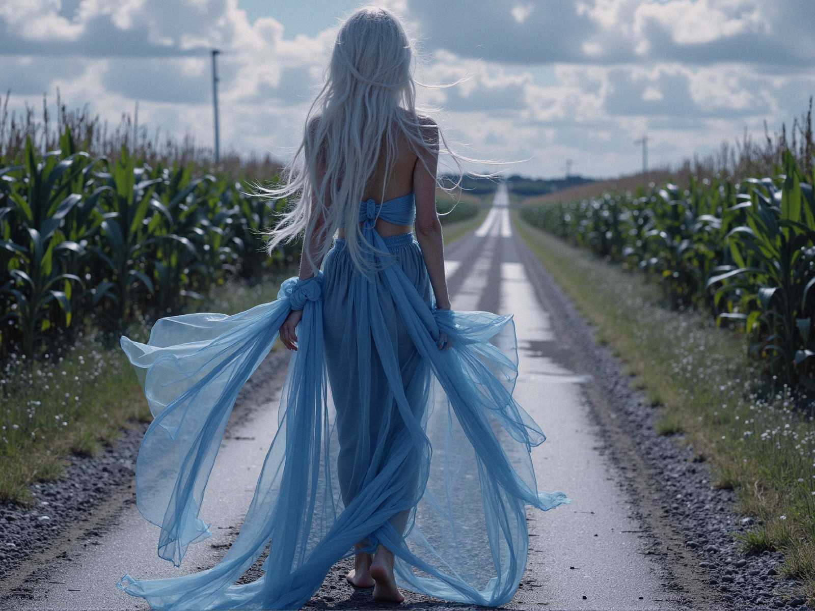 Figure in Blue Gown Walking Rural Road Surrounded by Cornfields