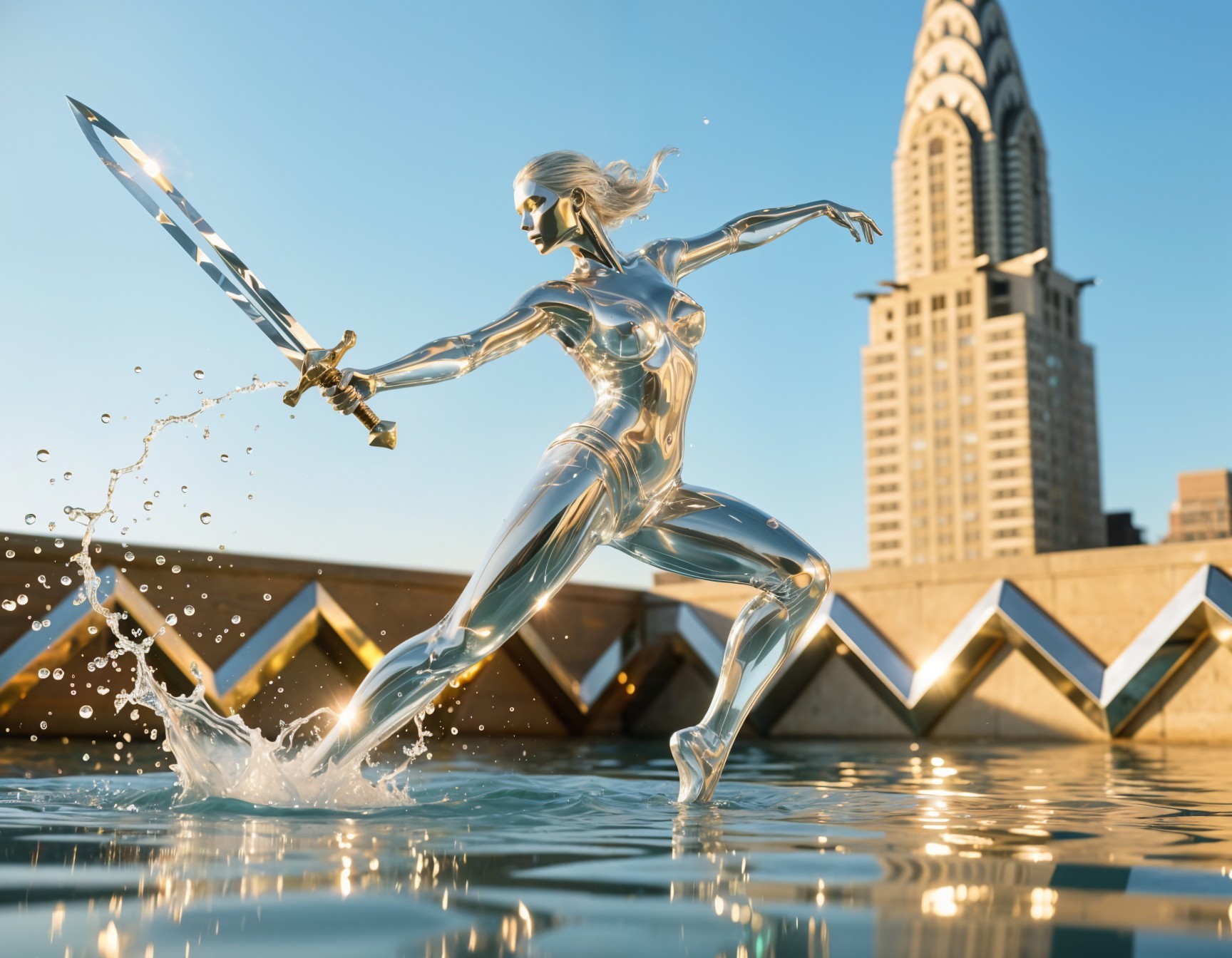 Silver Humanoid Figure with Crystal Sword in Water