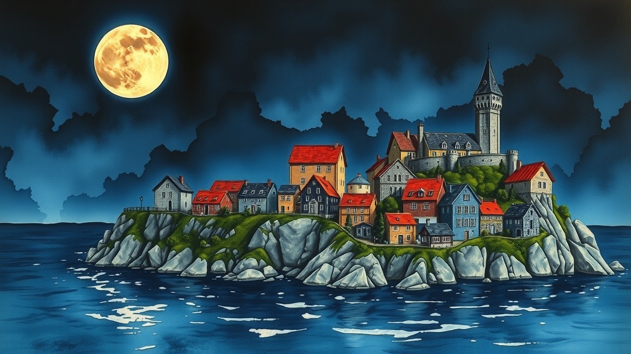 Picturesque Island Village Under Full Moonlight