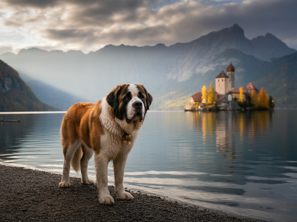Saint Bernard by Tranquil Lake with Castle Reflection