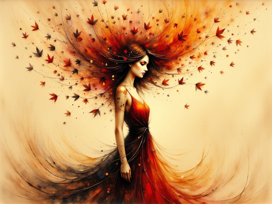 Autumn Scene with Graceful Figure in Flowing Gown