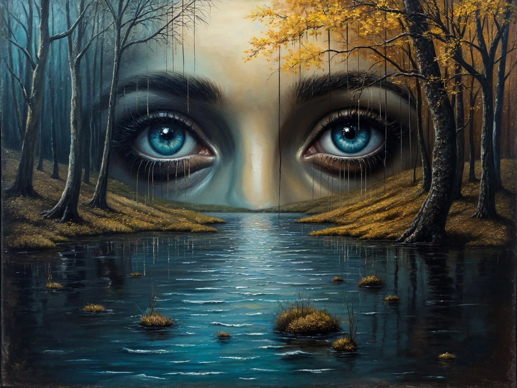 Serene Landscape with Reflective Blue Eyes in Water