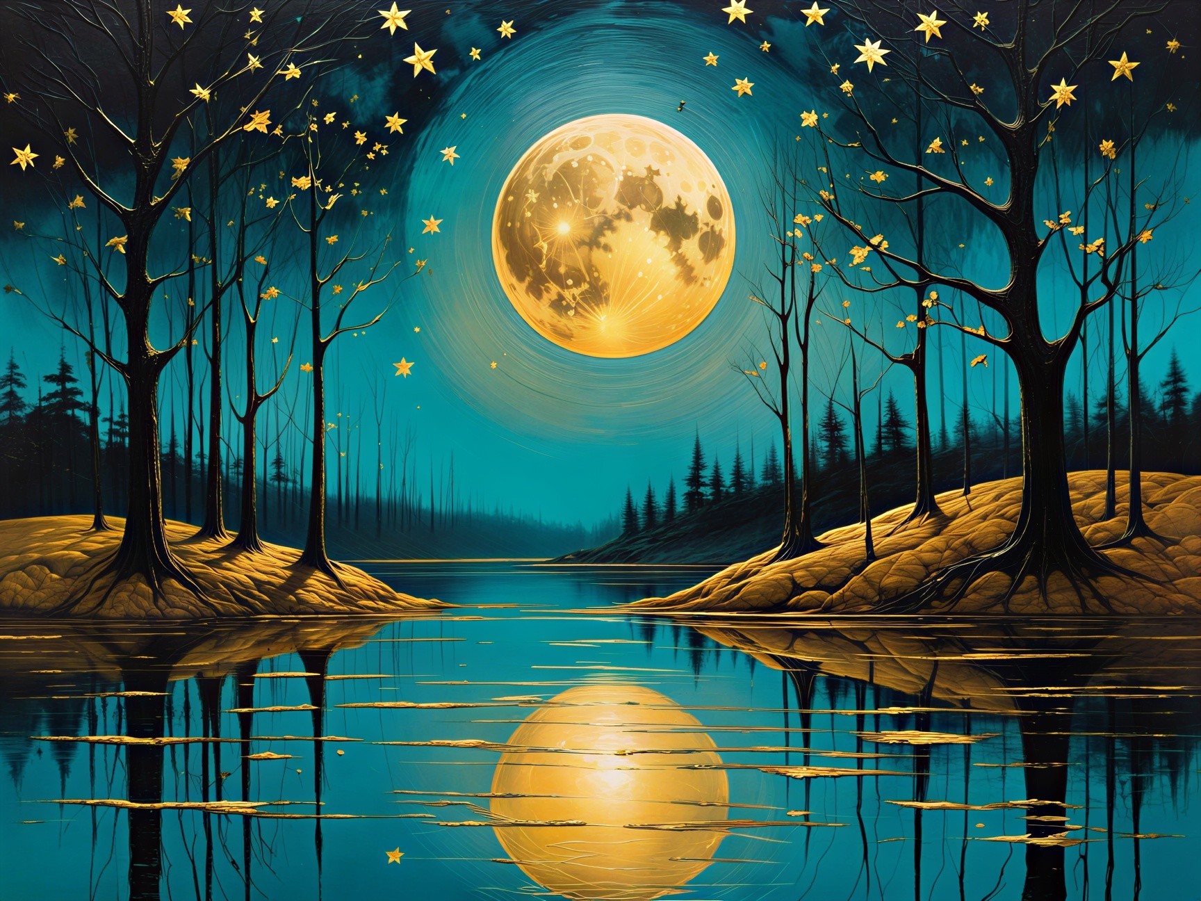 Serene Night Landscape with Full Moon and Lake Reflection