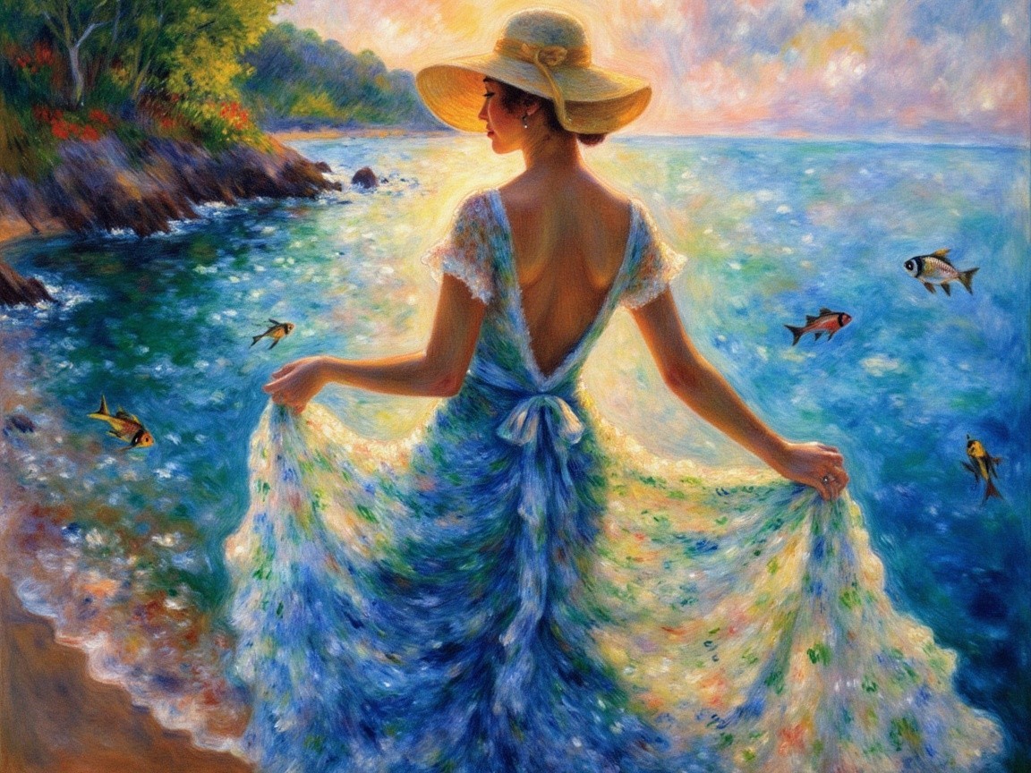 Woman in Colorful Dress at Serene Ocean Shoreline