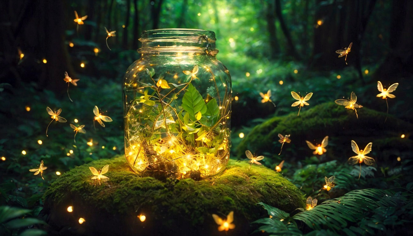 Magical Forest Scene with Glowing Jar and Fairies