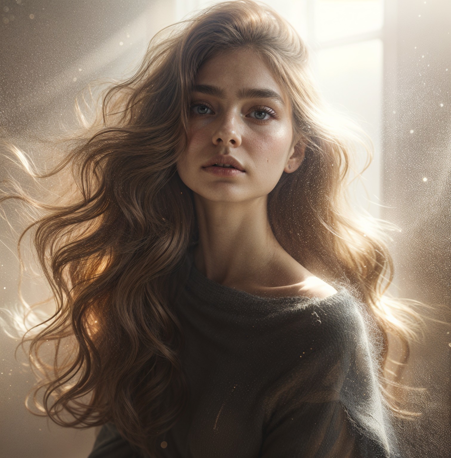 Young woman with wavy hair in soft warm light