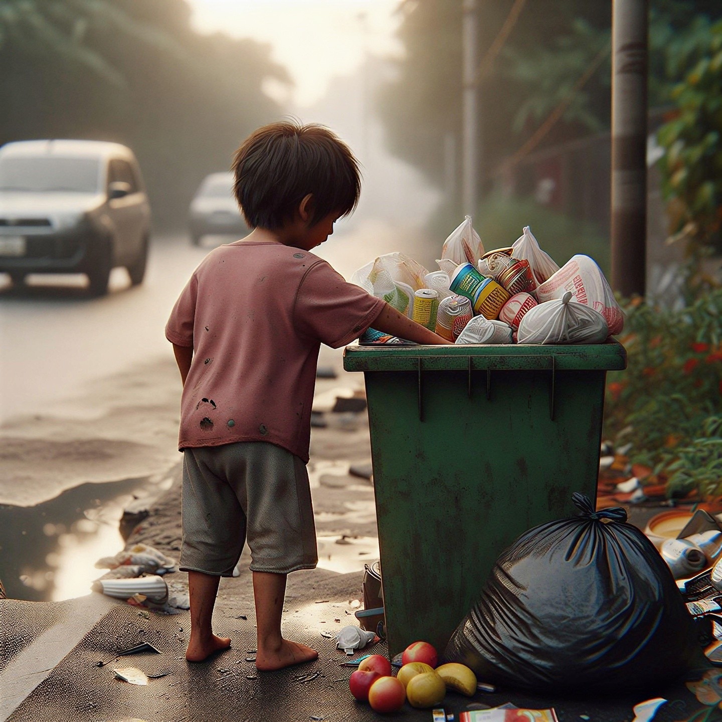 Child Rummaging Through Trash on Misty Street