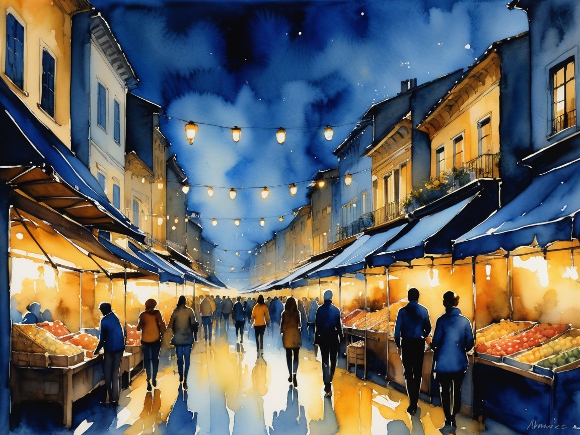 Vibrant Night Market with Fresh Fruits and Warm Lights