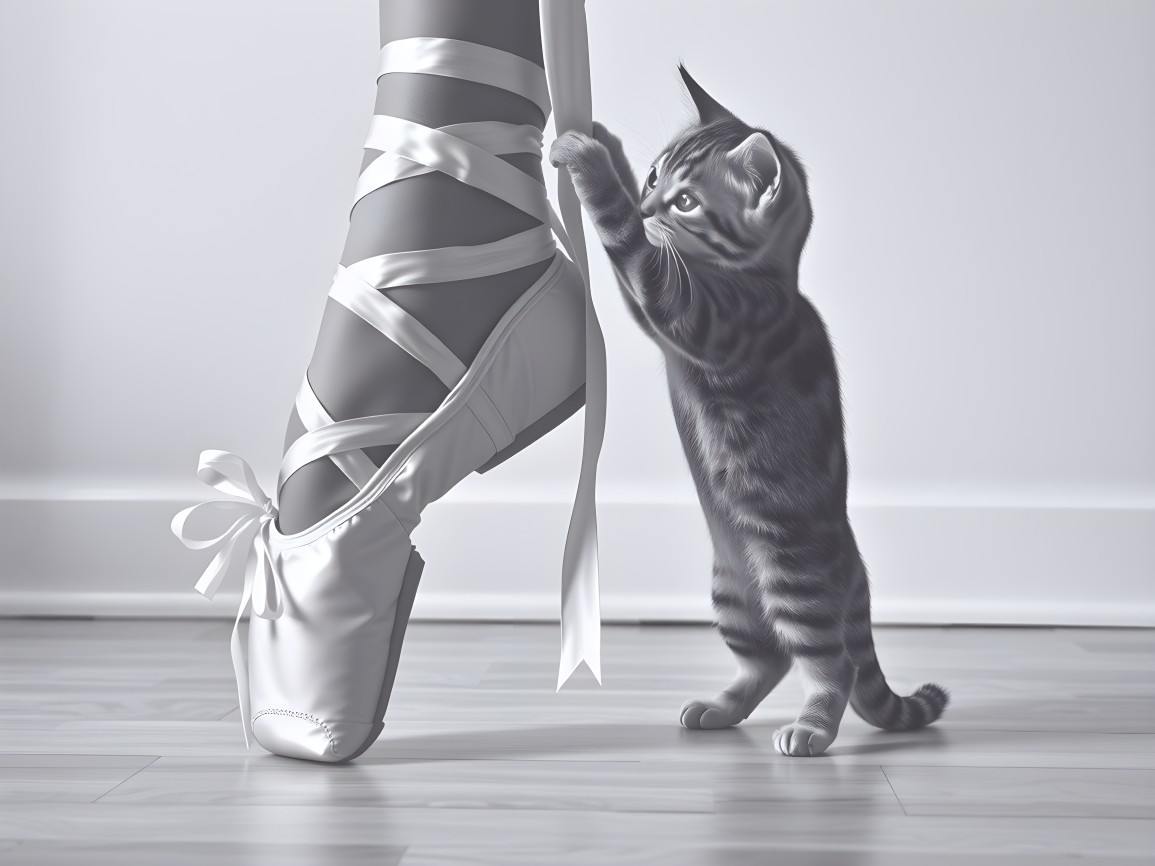 Ballet Dancer's Foot and Playful Kitten Interaction