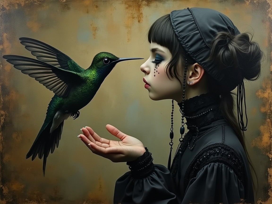 Young girl in vintage outfit interacts with hummingbird