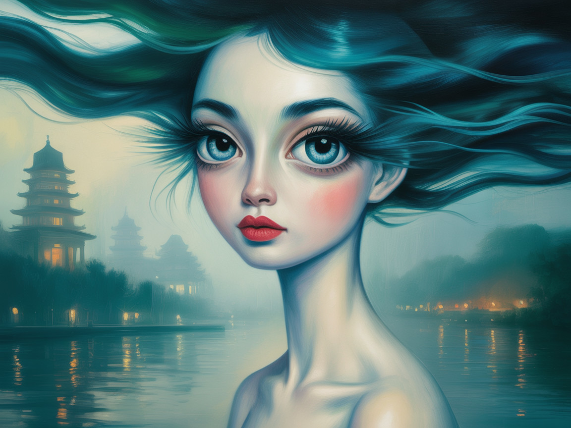Serene Young Woman with Blue Hair in Misty Landscape