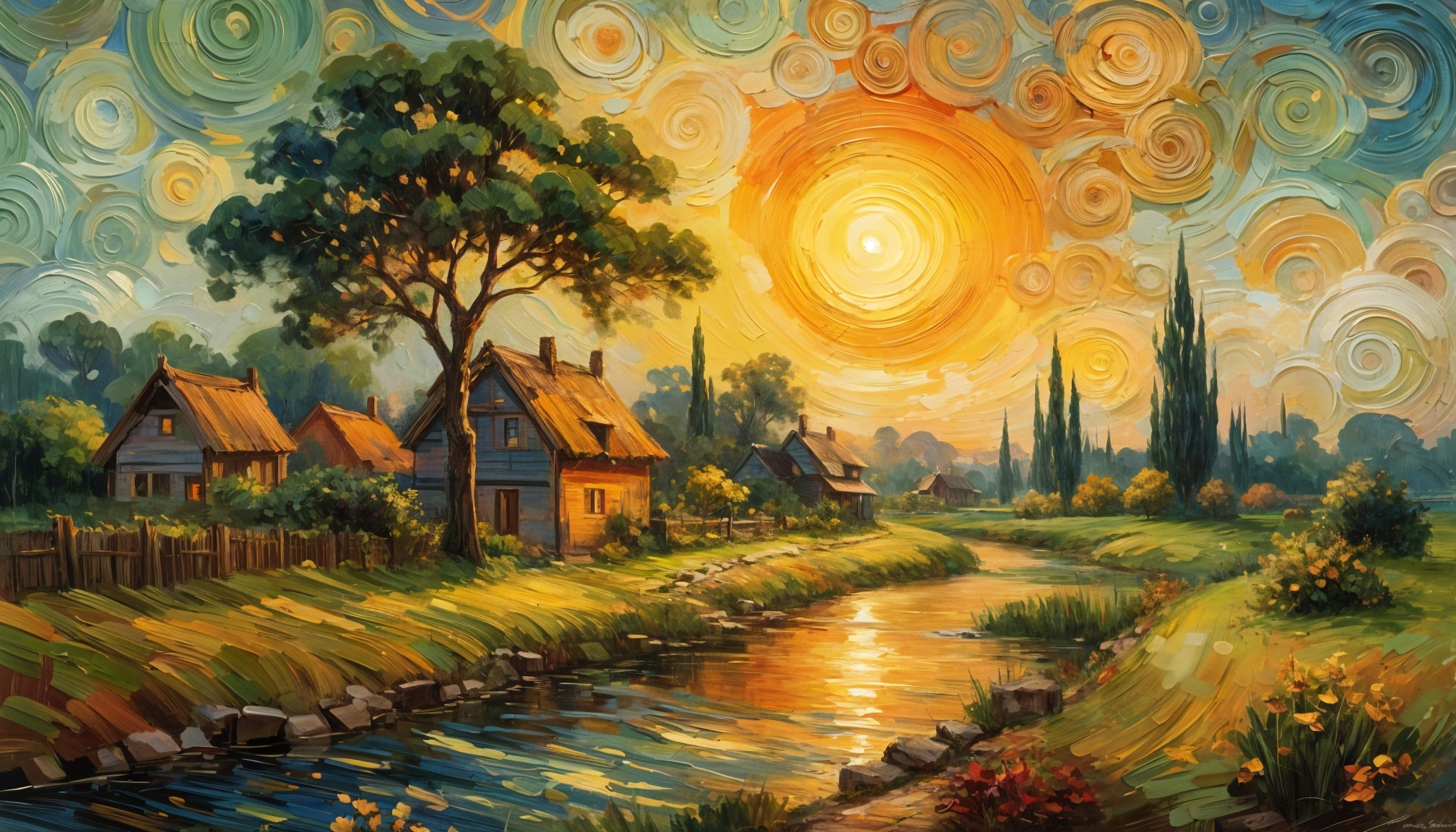 Winding River at Sunset with Rustic Houses and Trees