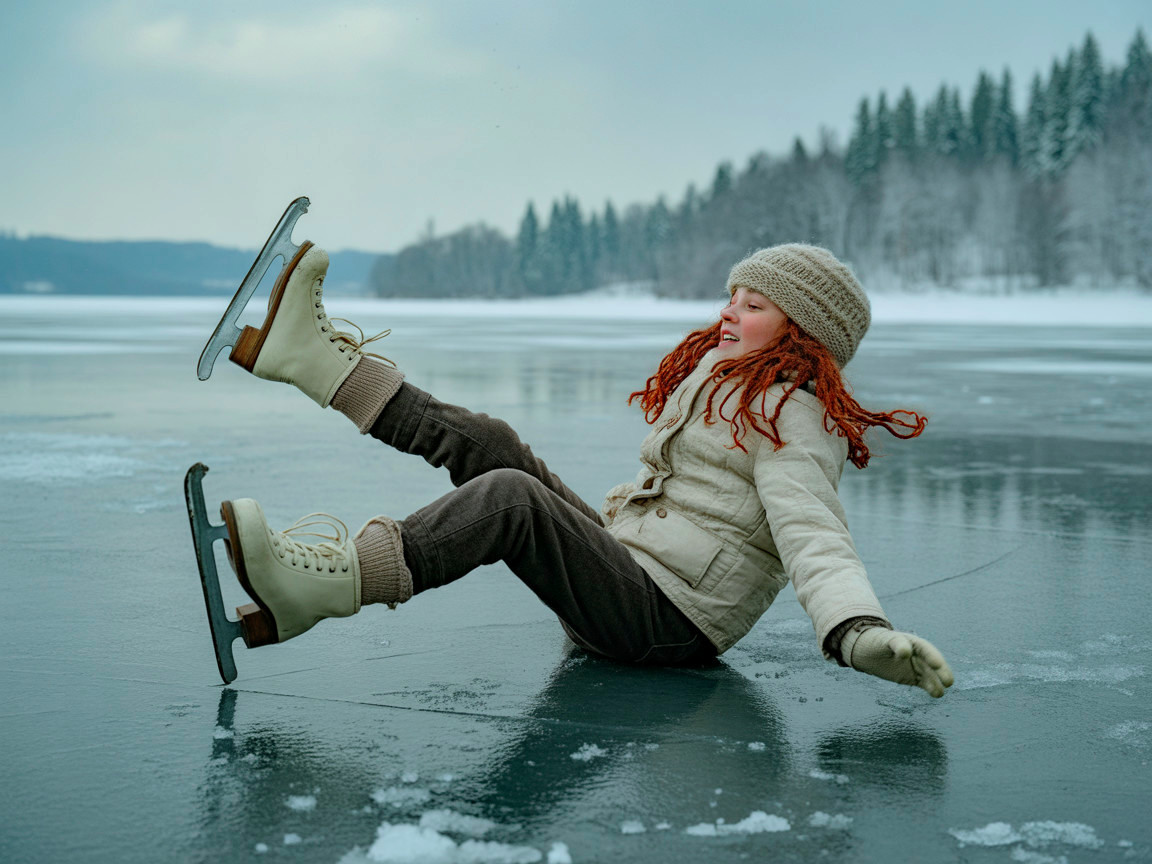 Young girl ice skating on frozen lake in winter scene