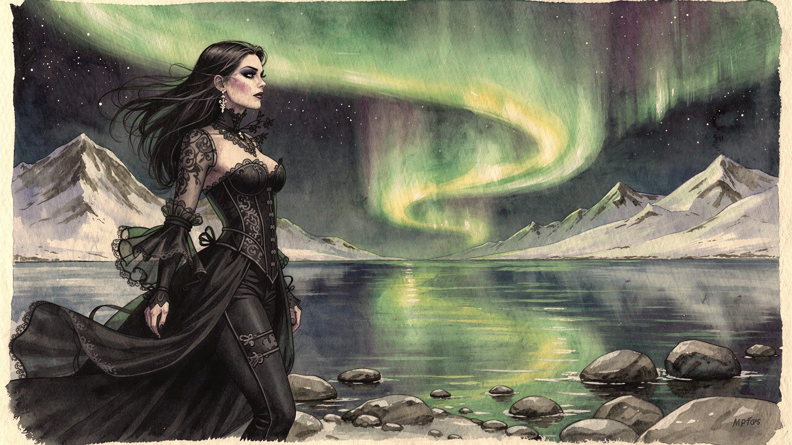 Watercolor depiction of a woman on a rocky shoreline