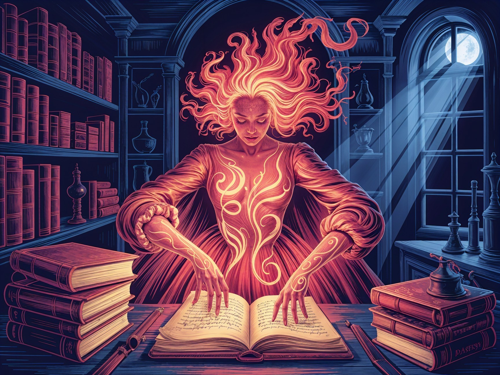 Sorceress in Library Harnesses Magical Energy from Book