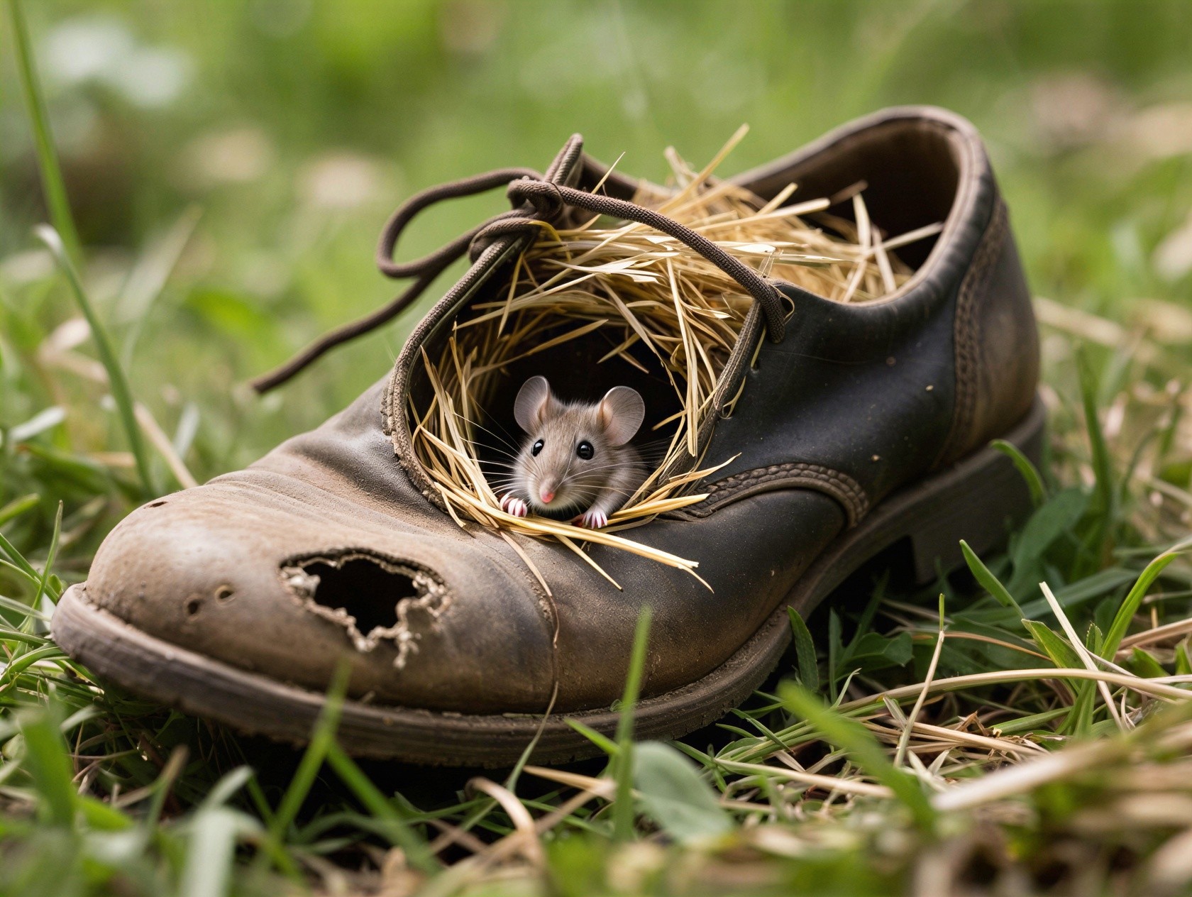 Mouse Nesting in Worn Shoe Surrounded by Grass