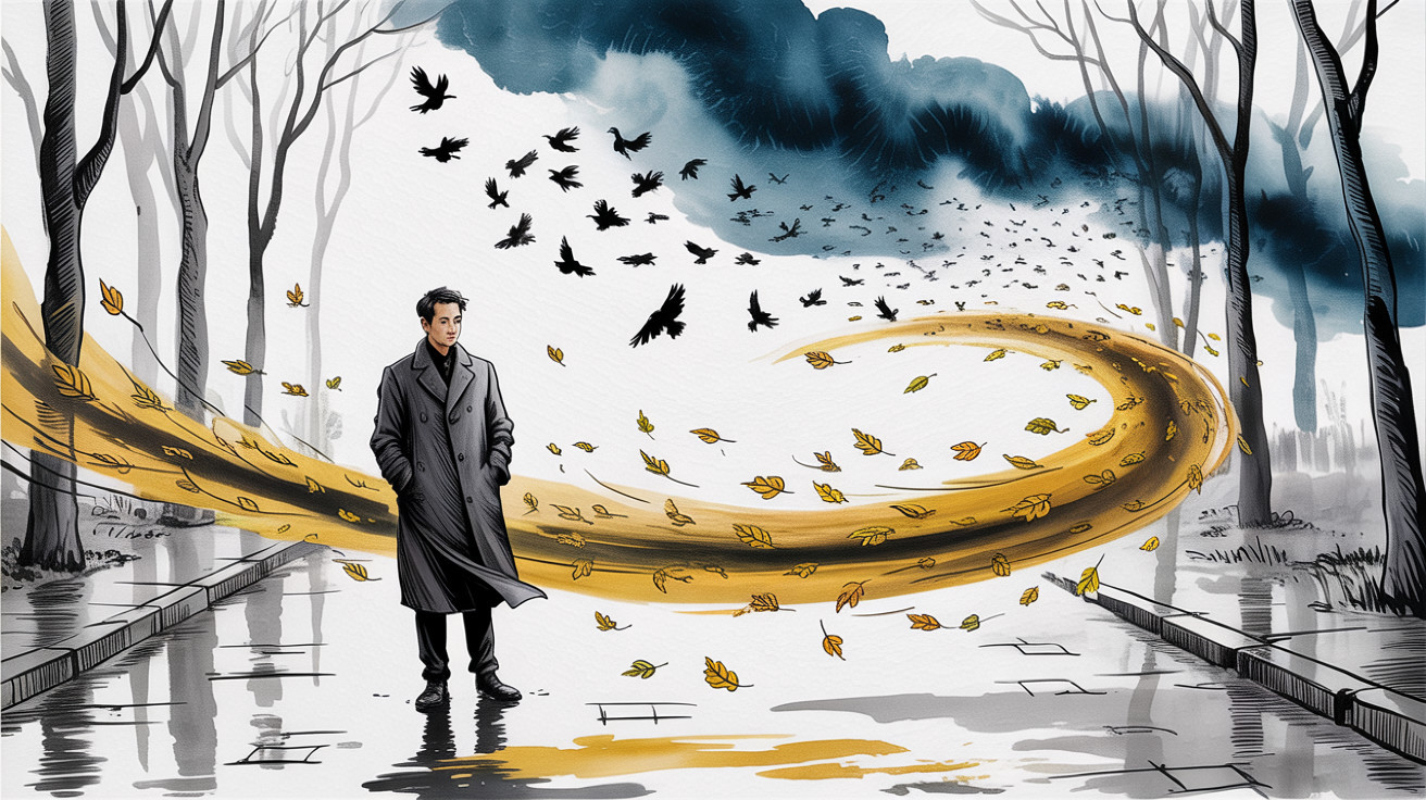 Solitary Figure on Reflective Path in Stylized Landscape