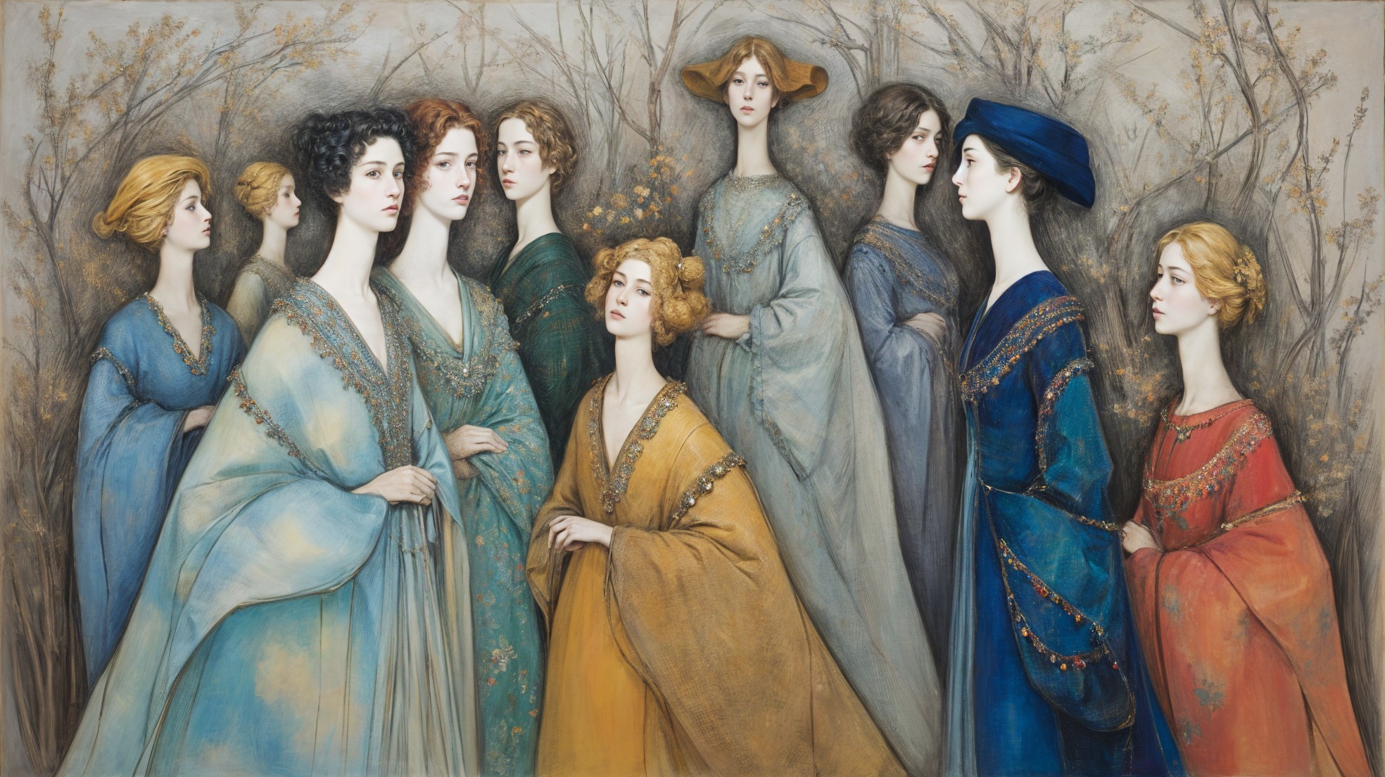 Elegantly Dressed Women in Serene Landscape Setting