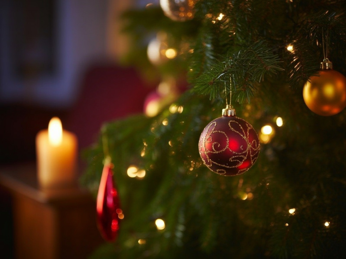 Decorated Christmas Tree with Red and Gold Ornaments