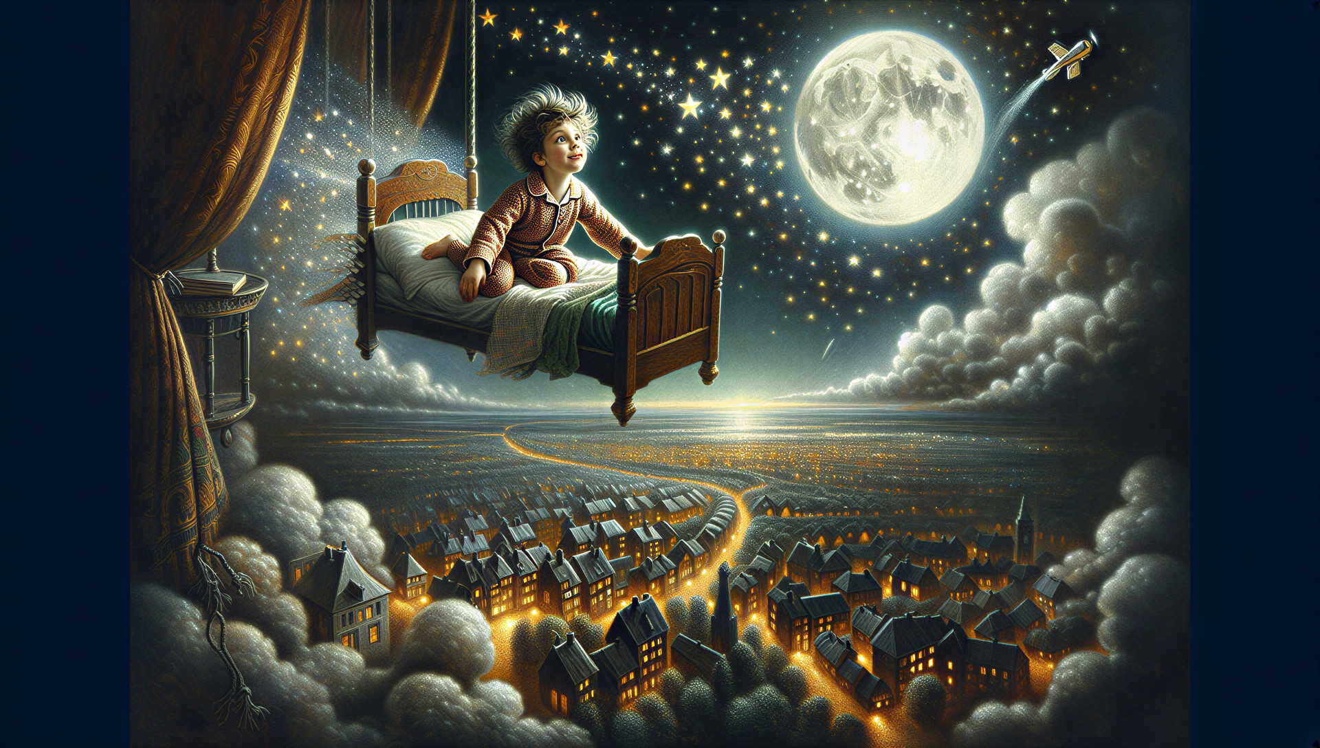 Young boy on wooden bed under moonlit night sky