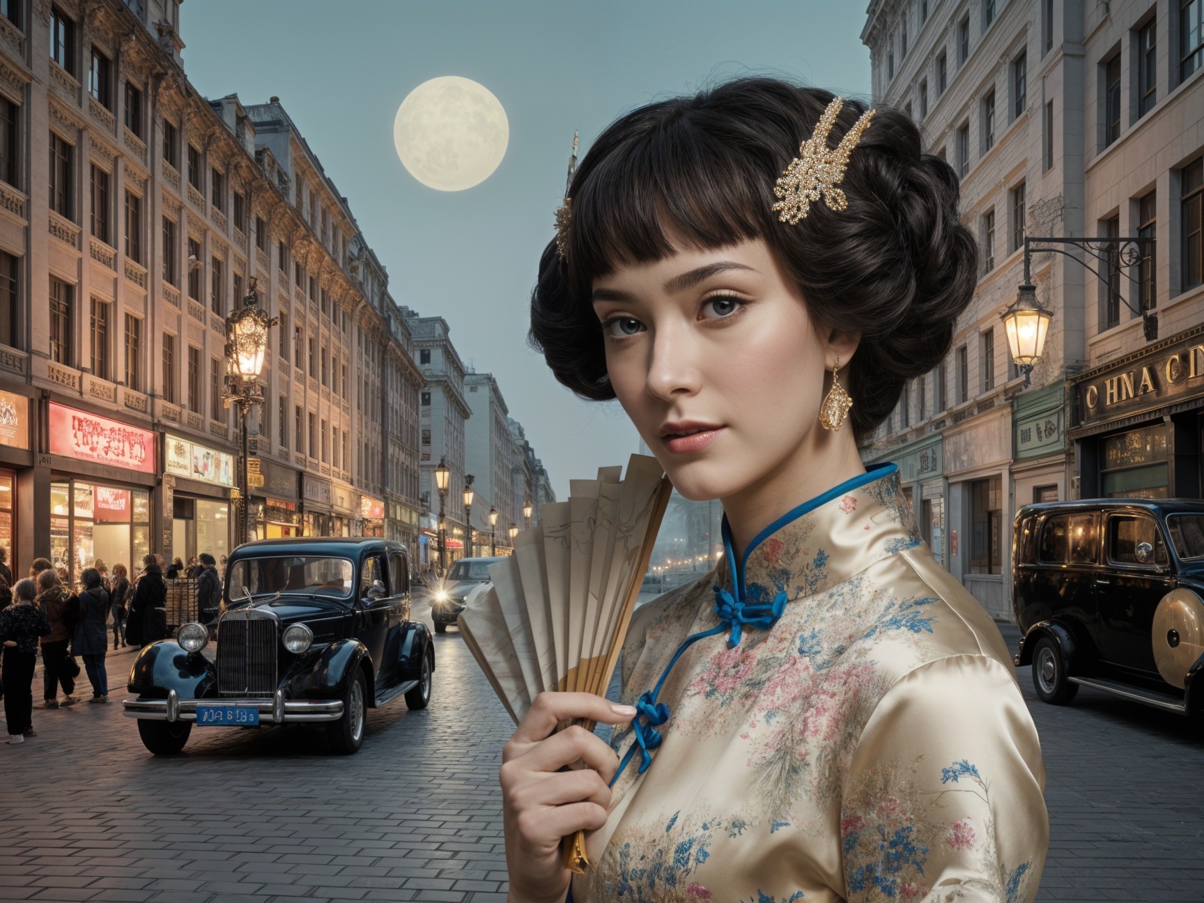 Woman in Traditional Dress on Moonlit Street Scene
