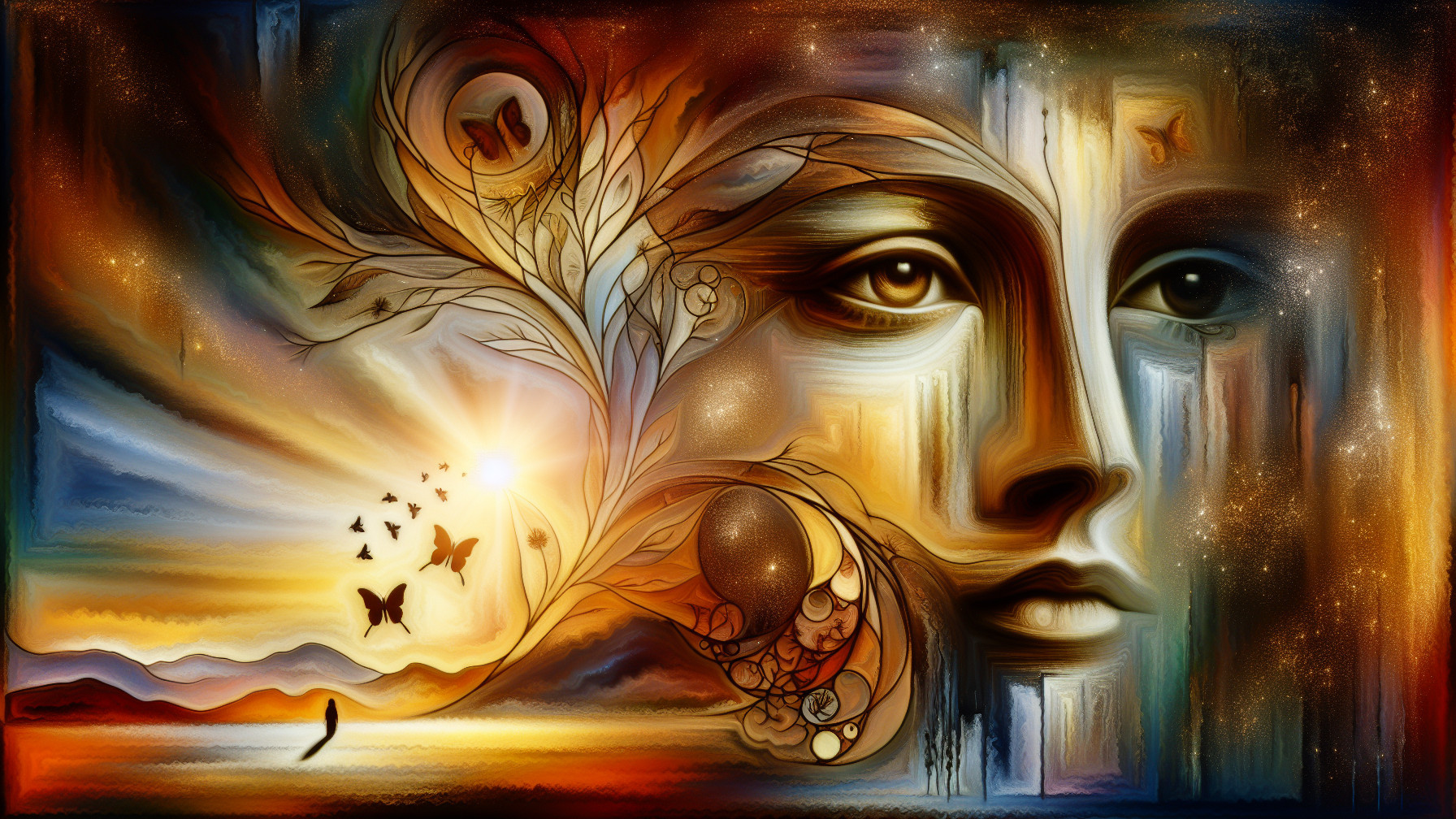 Abstract Artwork of Serene Face with Nature Elements