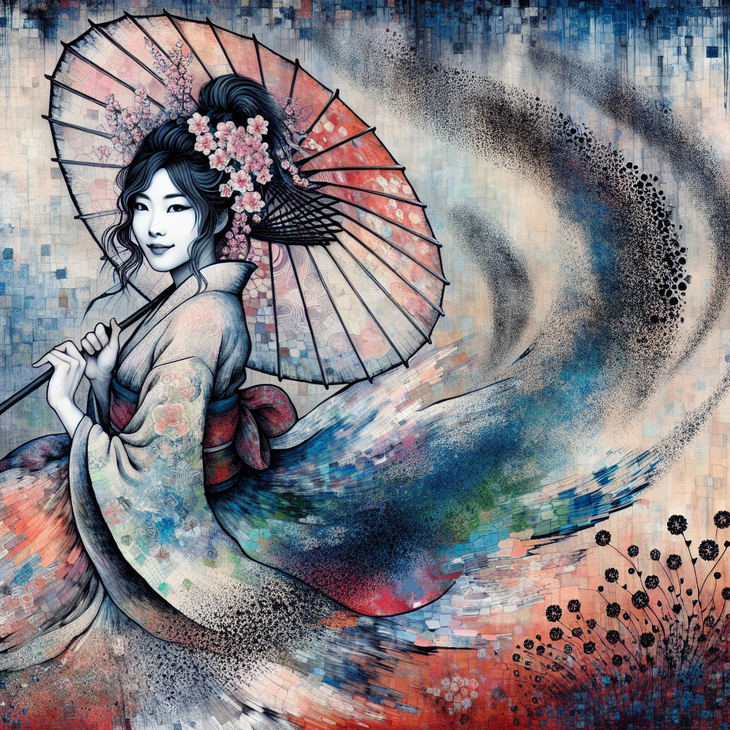 Traditional Attire with Decorative Umbrella and Floral Accents